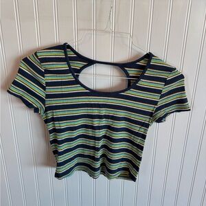 SO Good For Life Navy and Yellow Striped Crop Top Cutout Back Vintage
